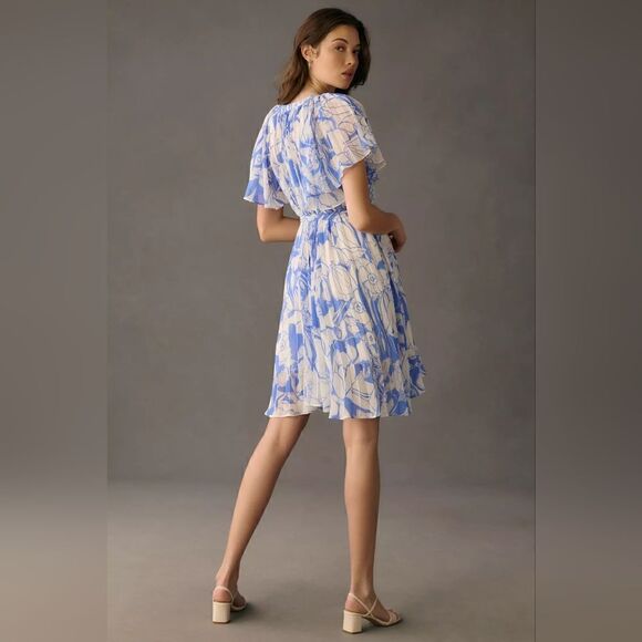 Anthropologie V-Neck Ruffle-Sleeve Pleated Dress In Blue Motif Size Small NWT - Picture 4 of 11